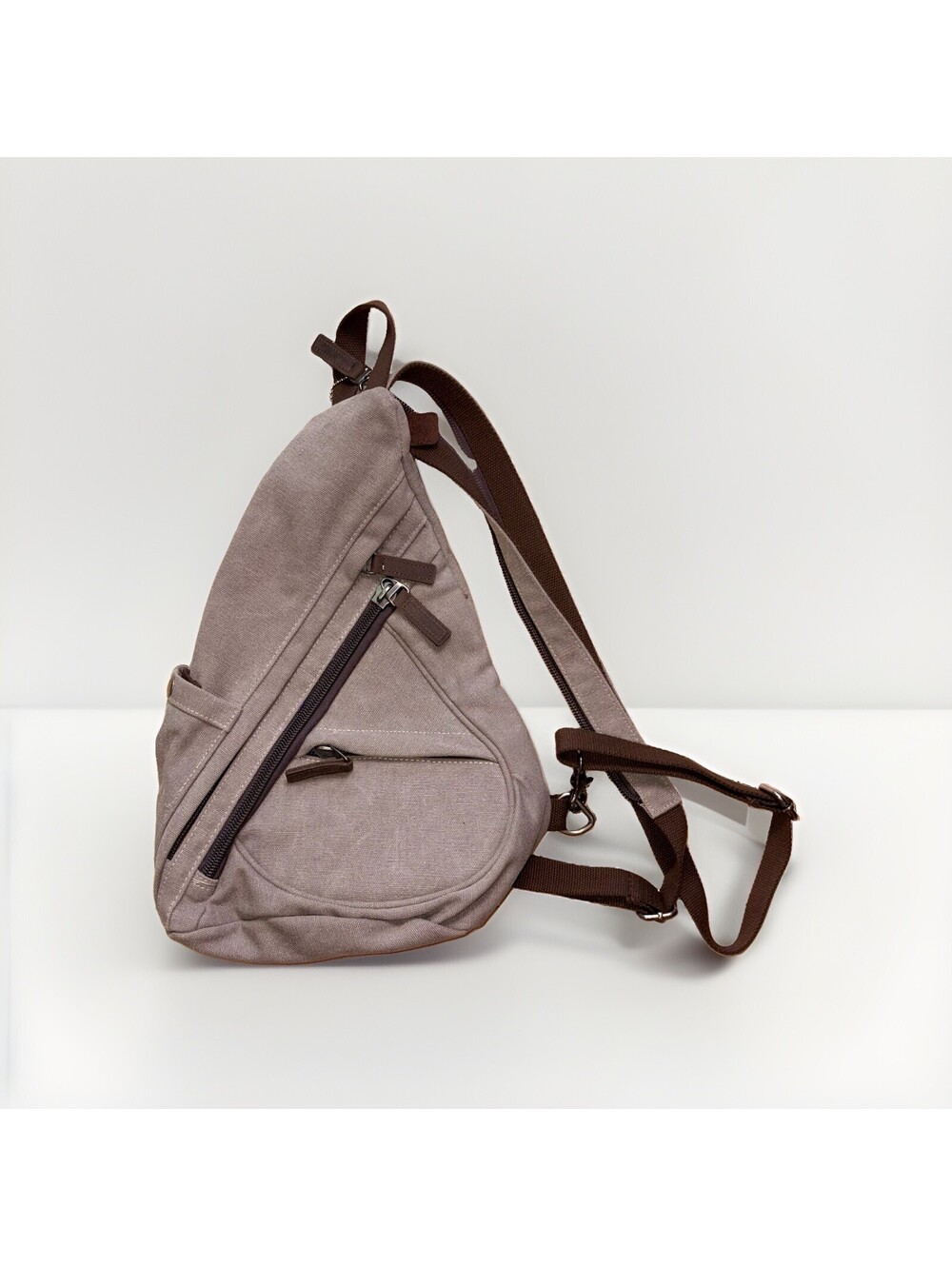C2Bn Canvas Sling Backpack Crossbody Shoulder Bag Gray Brown Convertible Travel